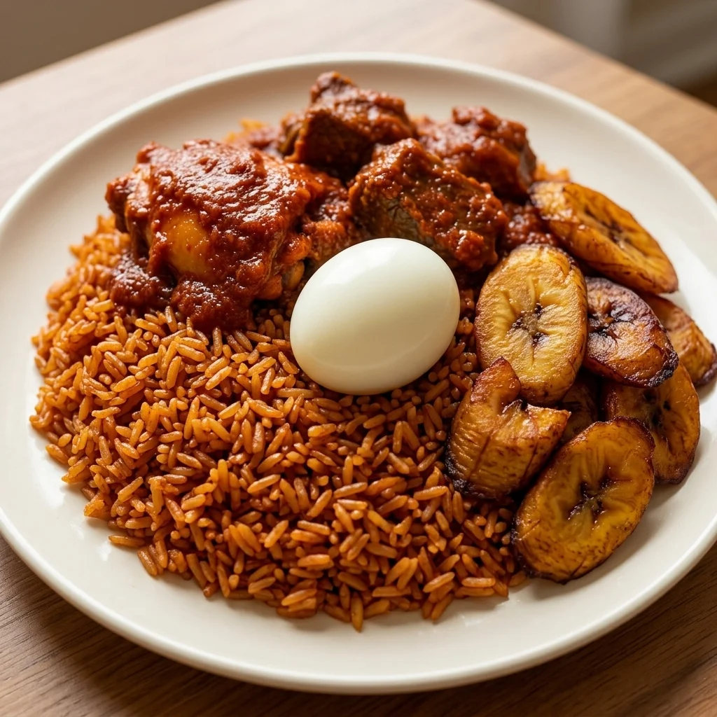 Jollof Rice with Beef, Egg and Plantain at Atiga Restaurant in Winnipeg, MB